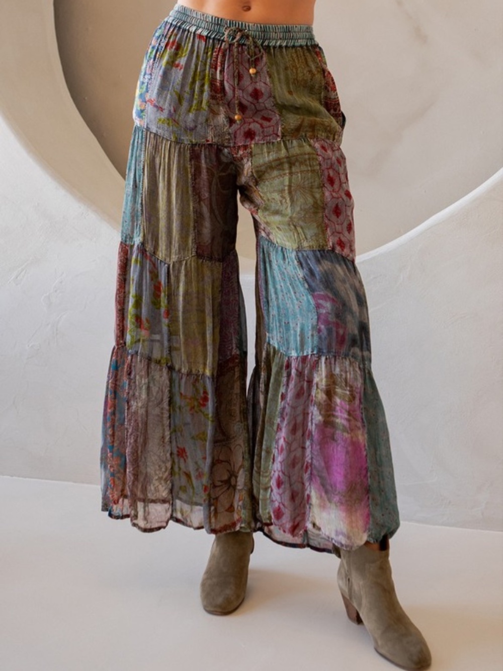 "The River" Gray Retro Revival Long Flared Patchwork Pants - Picture 2 of 6